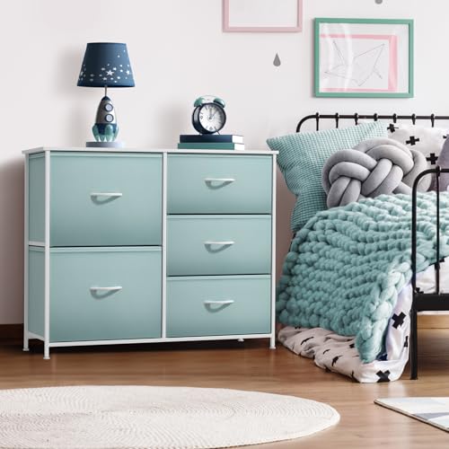 Sorbus Kids Dresser with 5 Drawers - Storage Chest Organizer Unit with Steel Frame, Wood Top & Handles, Tie-dye Fabric Bins for Clothes - Wide Furniture for Bedroom Hallway Kids Room Nursery & Closet - color: Aqua, style: 5-Drawer