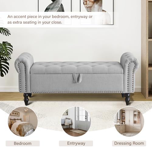 Furnimart Storage Ottoman Bench for Queen Size Bed, Faux Linen Upholstered Storage Bench Accent Bench with Rolled Arms for Bedroom,Living Room, Entryway, 2.5Cubic Feet - color: Faux Linen Light Grey