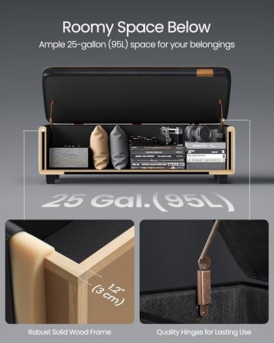 VASAGLE EKHO Collection - Storage Ottoman Bench, Entryway Bedroom Bench, 25 Gallons, Synthetic Leather with Stitching, Mid-Century Modern, Safety Hinges, Loads 660 lb, Ink Black ULOM075B01 - color: Ink Black, style: 25-Gallon Storage Bench
