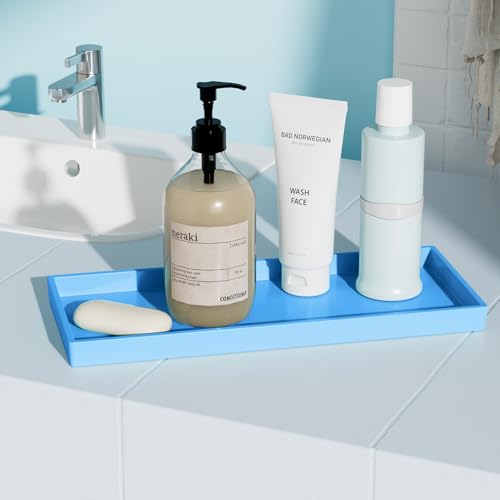 Vanity and Bathroom Tray, 11.8" ABS Countertop Organizer,Waterproof Vanity Tray for Toilet Tank,Perfume,Soap,Keys,Bathroom Accessories,Kitchen and Bath Trays,Non Slip Small Trays,Blue - color: Blue, size: 11.8" x 5" x 0.7"