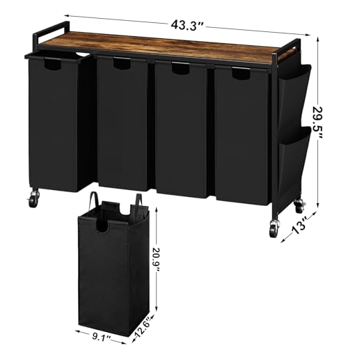 WOWLIVE 4-Compartment Laundry Hamper with Lid,Rolling Laundry Basket Organizer with Wheels, Iron-Made Laundry Sorter with Top Shelf and 4 Removable Bags,Large Clothes Storage for Room,Black - color: Black, size: 220L (43.7 x 13 x 28.8 Inches)