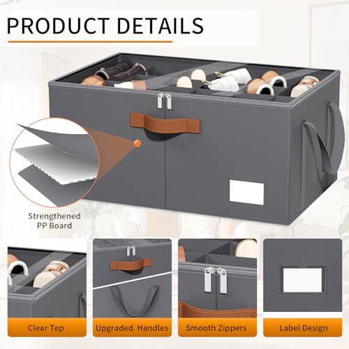 2 Pack Shoe Organizer for Closet, Foldable Shoe Storage Organizer with Clear Cover, Lable and Reinforced Handles, Space Saving Shoes Box Fits up to 20-40 Pairs, Gray - color: Gray-2 Pack, size: 25 ½"L x 17"W x 12 ½"H