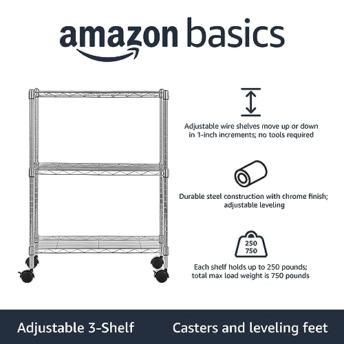 Amazon Basics 3-Shelf Heavy Duty Adjustable Wire Shelving Storage Rack on 2" PP Plastic Wheel Casters, Steel Utility Shelving Unit for Garage and Laundry Room, 23.2" x 13.4" x 32.75", Chrome - color: Chrome