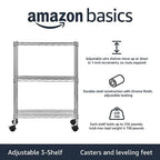 Amazon Basics 3-Shelf Heavy Duty Adjustable Wire Shelving Storage Rack on 2" PP Plastic Wheel Casters, Steel Utility Shelving Unit for Garage and Laundry Room, 23.2" x 13.4" x 32.75", Chrome - color: Chrome