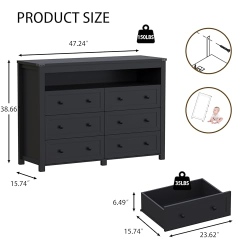 Dresser for Bedroom with 6 Drawers, Wide Chest of Drawers with LED Light and Power Outlet, Wooden Closet Organizer Clothes Storage Cabinet, Modern Double Dressers for Living Room, Hallway, Black - color: Black, size: 15.8"D x 47.2"W x 39.4"H (6 Drawers)