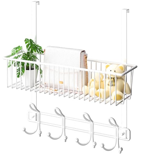 Kaiferty Over The Door Hooks Organizer,Door Hanger Door Storage with Basket,Over The Door Towel Rack Coat Hooks with 12 Hooks,for Bathroom,Bedroom,Kitchen,Office,Apartment(White) - color: 1 Wire Basket-White