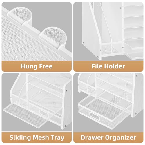 Marbrasse Desk Organizer with File Holder, 5-Tier Paper Letter Tray Organizer with Drawer and 2 Pen Holder, Mesh Desktop Organizer and Storage with Magazine Holder for Office Supplies (Wood-White) - color: Wood-White