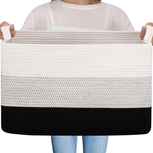 OIAHOMY Large Blanket Basket, 65L Cotton Rope Woven Laundry Basket, Toy Bin for Baby Room, Container for Blanket Storage in Living Room, 20''×16''×12'', Gradient Black - color: Gradient Black, size: 65L