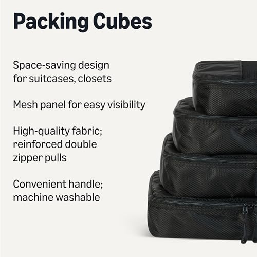 Amazon Essentials 4-Piece Packing Cubes Travel Accessories Set, Luggage Organizer with Double Zipper, Mesh Top, Space-Saving, Medium, Black (Previously Amazon Basics) - color: Black, size: 4 x Medium
