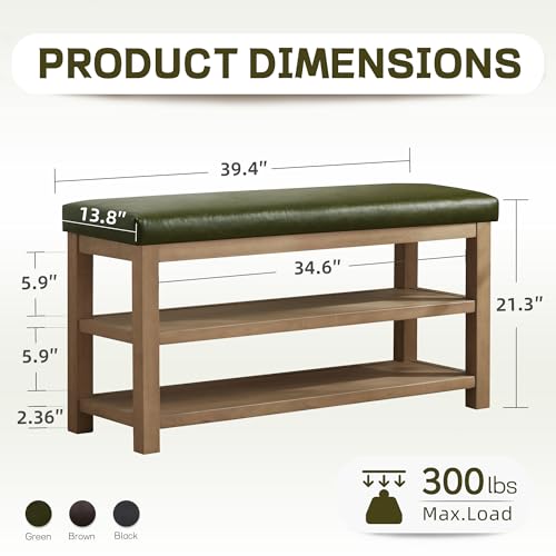 Zihanhome Shoe Rack Bench with Leather Cushion, 2 Tier Solid Wood Storage Bench, Mid-Century Modern Shoe Bench for Entryway, Hallway, Closet, Front Door Entrance, Foyer (Green, 39.4") - color: Green, size: 39.4"
