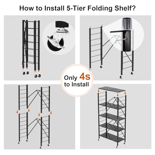 5 Tier Foldable Storage Shelves, Expandable Folding Shelving Units with Wheels, Changeable into 2 Shelf Units, Collapsible Adjustable Storage Rack Metal Shelves for Storage, Pantry, Garage, Kitchen - color: Black, size: 5-Tier