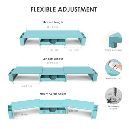 OPNICE Desk Organizers and Accessories, Dual Monitor Stand Riser with Drawer and 2 Pen Holders, Desk Shelf Metal Computer Monitor Stand for Office Workspace Organizers, Desktop Organization (Blue Metal) - color: Blue Metal, size: With drawer and pen holde