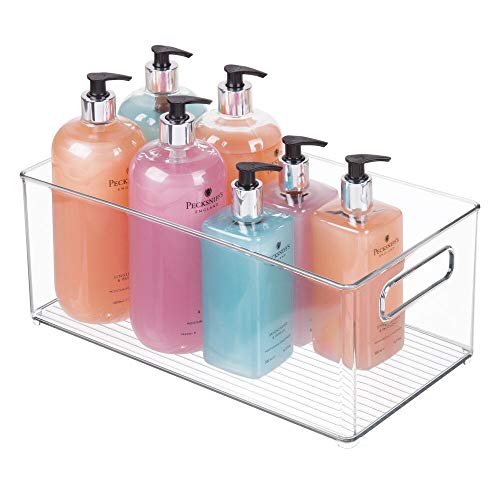 mDesign Plastic Bathroom Storage Container Bins w/ Handles - Closet, Cabinet, Vanity, Cupboard Shelf Organization, Hair Tools Accessory Organizer - Ligne Collection; Clear, 14.6x8.1x6 (Pack of 4) - size: 14.6 x 8.1 x 6 (Pack of 4)