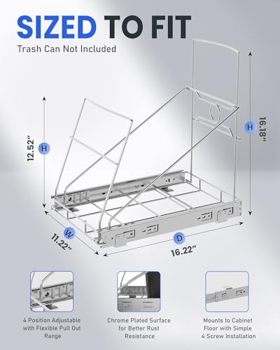 Pull Out Trash Can Under Cabinet Adjustable Trash Can Holder for 7 to 11 Gallon Bin Bottom Mount Slide Out Trash Rack for Narrow Cabinets(Silver, No Bin Included) - color: Silver