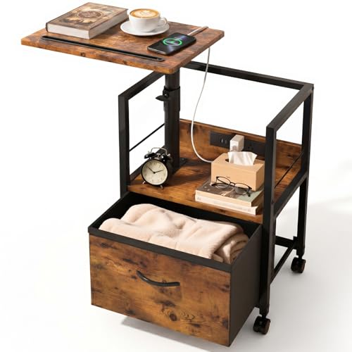 Faesun Swivel Lift Top Nightstand with Charging Station, Rolling Side Table for Recliner, Bedside Table with Wheels & a Fabric Drawer, for Small Spaces, for Bedroom, Living Room, Brown - color: Brown, size: 1 Drawer