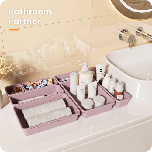 A-LuGei 【𝟮𝟴𝗣𝗖𝗦】 【𝟱𝗦𝗶𝘇𝗲】 Purple Drawer Organizer, Makeup organizer, 【Holds 177 Items】 Bathroom Organizers and Storage, Plastic Desk Organizer Divider, Organizer Bins for Office Vanity - color: Lilac