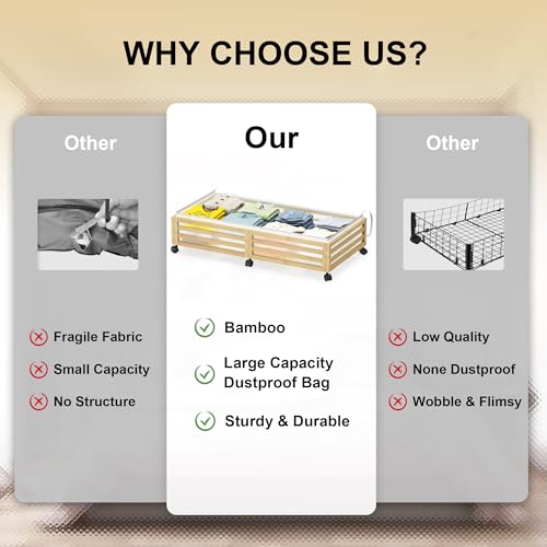 Under Bed Storage Containers With Wheels - 2 Pcs Large Bamboo Wood Rolling Underbed Shoe Storage Bins With Dust Bags for Clothes Blankets, Duvet Covers Snacks Toys (Natural) - color: Nature, size: L