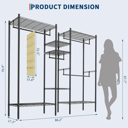 GarveeHome Heavy Duty Metal Clothes Rack – Adjustable Shelves, Freestanding Portable Wardrobe Organizer, Commercial Closet System for Garment Storage, Max Load 1210 LBS, Black – 86.2 x 17.3 x 76.4