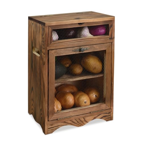 Ikee Design Free Assemble Wooden Countertop Potato and Onion Storage Bin Box,Countertop Cabinet, Wooden Bread Boxes, Potato Storage, Coffee Station, 11.8W x 6.8D x 16H in, Rustic Color - color: Rustic Brown, 2 Door