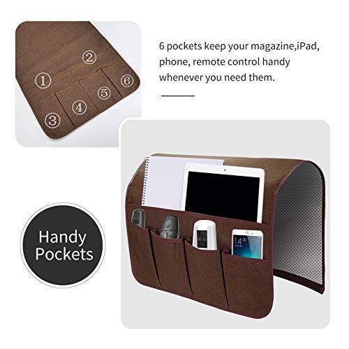 Sofa Armrest Organizer, Remote Control Holder for Recliner Couch, Arm Chair Caddy with 6 Pockets for Magazine, Tablet, Phone, iPad - color: Brown, size: W19'' x L33''