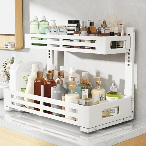 2 Pack 21IN-Depth Under Sink Organizer,Pull Out Cabinet Organizer With Smooth Cylindrical Rail,Metal Slide Out Drawer for Kitchen Bathroom Laundry,8-Level Tool Free Height Adjustable-White - color: White, size: 2 Pack-21"Dx9.5"-16.7"H