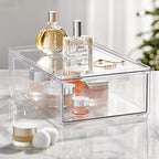 mDesign Plastic Stackable Bathroom Storage Organizer Bin Containers with Front Pull Drawer for Bathroom Countertop, Vanity, Closet Shelves - Holder for Beauty Accessories - Lumiere Collection - Clear - size: 8 x 12 x 4 (Pack of 1)