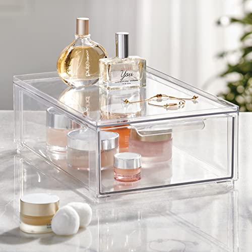 mDesign Plastic Stackable Bathroom Storage Organizer Bin Containers with Front Pull Drawer for Bathroom Countertop, Vanity, Closet Shelves - Holder for Beauty Accessories - Lumiere Collection - Clear - size: 8 x 12 x 4 (Pack of 1)
