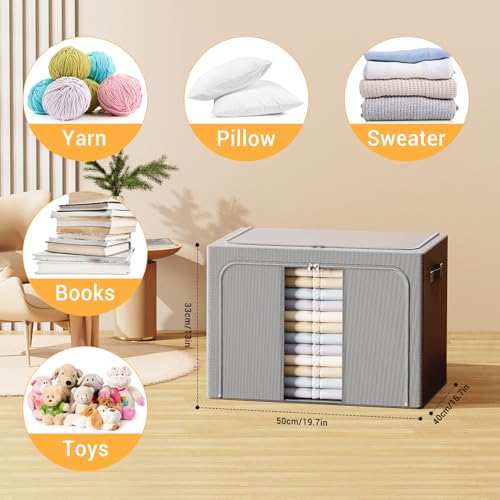 Clothes Storage Bins with Metal Frame, Foldable Clothes Organizers Storage Containers for Clothes, Sheets, Blankets, Pillows and Towels （66L, 3 Pack, Deep Grey - color: dark gray, size: 66L（19.7“X15.7"X13"）