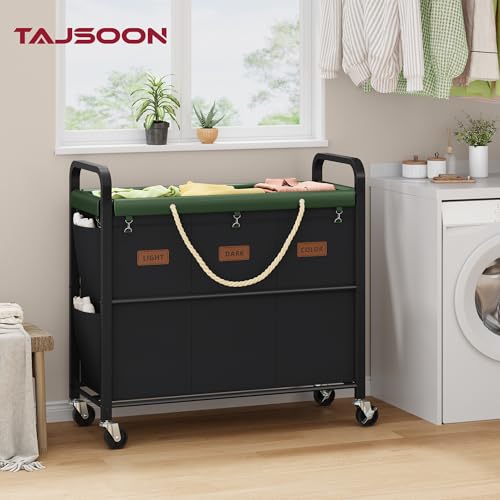Tajsoon 148L Large Laundry Sorter 3 Section, Laundry Hamper with Heavy Duty Lockable Wheels, Rolling Laundry Basket with Super Sturdy Metal Frame and Handle, Removable Bags & Leather Patchwork, Black - color: Black, size: 3 Bag 148L