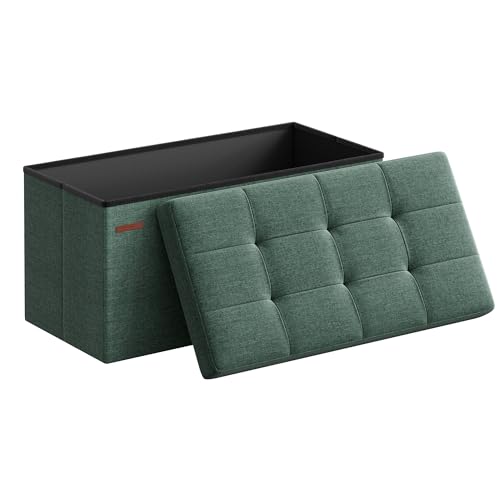 SONGMICS Mazie Collection - 30 Inches Folding Storage Ottoman Bench, Ottoman Foot Rest, End of Bed Bench, Storage Chest, Load 660 lb, for Living Room, Bedroom, Entryway, Retro Green ULSF047C01 - color: Retro Green, size: 15"D x 30"W x 15"H