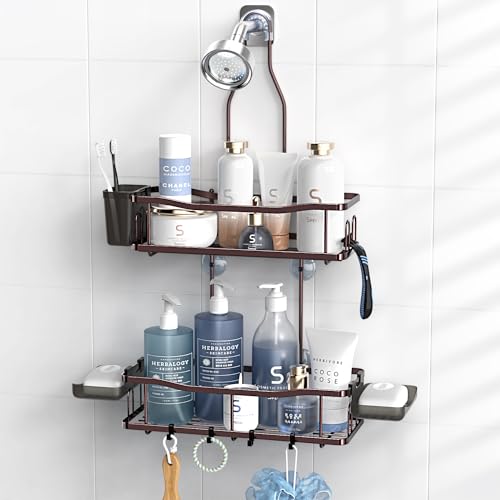 Aitatty Hanging Shower Caddy Bathroom Organizer: Rustproof Shower Shelf Racks Over Shower Head - No Drilling Inside Bath Shower Rack Shelves Over Showerhead for Shampoo with Soap Holder Bronze - color: Bronze