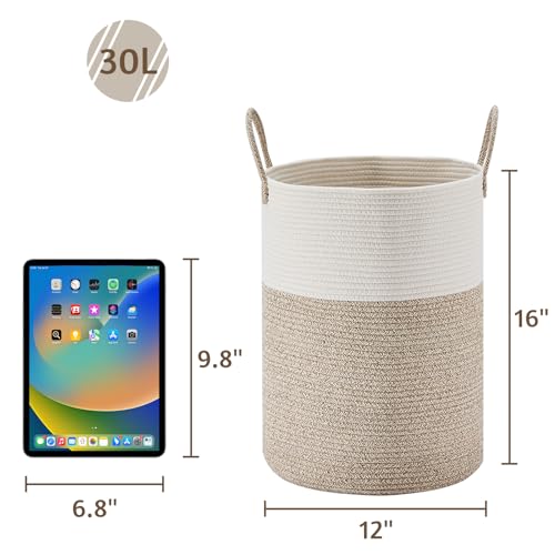 VIPOSCO Tall Laundry Hamper, Woven Rope Storage Basket for Blanket, Toys, Dirty Clothes in Living Room, Bathroom, Bedroom - 30L White & Brown - color: Brown, size: 30L