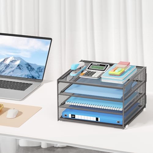 Lavatino 3-Tier Letter Tray Desk Organizer, Mesh Metal Paper File Tray Organizer for Desk, Office Supplies & Home Organization, Fits A4 Paper, Mail, Magazines & Office Accessories (Grey with Handle) - color: 4-tier With Handle - Grey