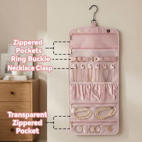 Jewelry Organizer with Hanger,Hanging Jewelry Organizer, Portable Travel Jewelry Bag,Foldable Storage for Earrings, Rings, and Watches; Can Be Hung on Wardrobes, Walls, or Doors, Pink - color: Pink