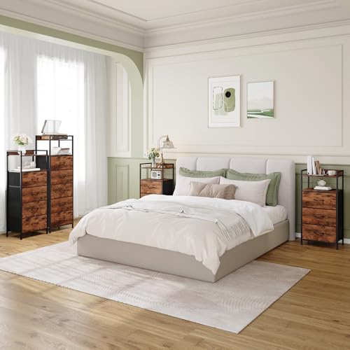 Somdot Nightstand with 4 Drawers, Vertical Storage Tower Fabric Dresser for Bedroom, Night Stand Bedside Table Furniture, Sturdy Steel Frame, Wooden Top & Easy Pull Fabric Bins, Wood Grain Print - color: Wood Grain Print, size: 11.4"D x 15.2"W x 36.3"H (4