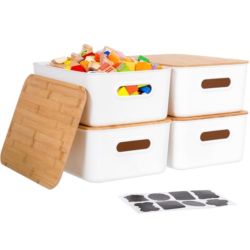 Citylife 4 PCS Storage Bins with Bamboo Lids Plastic Storage Containers for Organizing Stackable Storage Box with Handle, 15.16 x 10.79 x 5.83 inch (White, 4 PCS-Large) - size: Large, style: 4 Pack