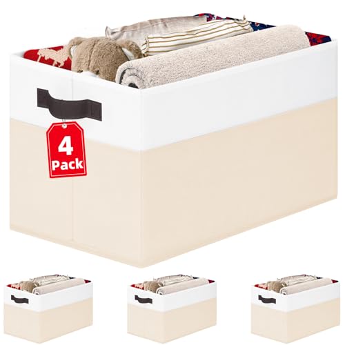 Criusia 4 Pack Baby Clothes Organizer Bins, Fabric Collapsible Storage Baskets with Handles, Odorless Storage Bins for Toy Clothes Nursery Kids Room Playroom Classroom (14L*10W*9.5H) - color: White with Beige, size: 4pcs - Rectangular 14"x10"x9.5"