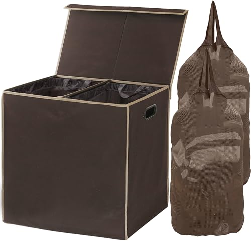 Simple Houseware Double Laundry Hamper with Lid and Removable Laundry Bags, Brown - color: Brown
