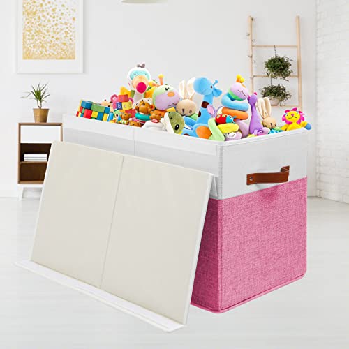 Gowee Large Toy Box with Lid, Sturdy Toy Storage Chest Bin Boxes Organizer Basket with Dividers for Toddlers, Kids, Boys, Girls, Nursery, Closet, Bedroom, Playroom 25"x13" x16" (Pink and White) - color: Pink and White, size: 25"x13" x16"