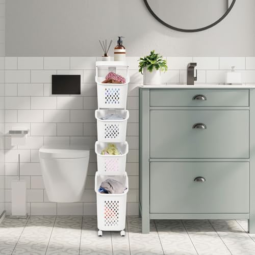 4-Tier Plastic Laundry Hamper Sorter with Wheels,Tiered Laundry Basket Organizer with 4 Removable Baskets,Rolling Laundry Storage Cart for Bathroom,Bedroom,Kitchen (4-Tiers) - color: 4-Tiers