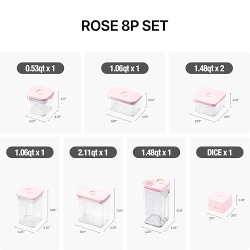 VAKUEN Premium Airtight Food Storage Containers ROSE 8P/SET, 6pcs Container, 1pcs Water Pitcher and Vacuum Sealer. Patented Double Silicone Lining, 100% Leak Proof, BPA-FREE