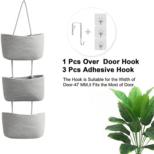 TeoKJ Over the Door Hanging Basket, 3-Tier Woven Cotton Wall-Mounted Storage Organizer Bag Decorative Hanging Nursery Baskets, Gray - color: Gray