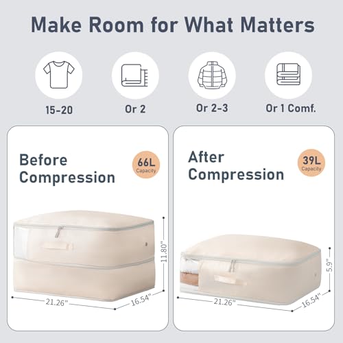 DIMJ Comforter Storage Bag 6 Pack - Blanket Storage Organizer Compression Bags, Large Capacity Ultra Space Saving Self Compression Organize for Bedding, Pillow, Duvet, Sheet Storage with Zipper Window - color: Beige, size: 66L x 6 Pack