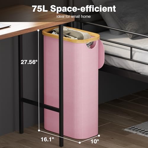 Bathola 75L Slim Laundry Hamper with Lid, Dirty Clothes Hampers for Laundry, Collapsible Laundry Baskets for Small Spaces, Bedroom, Bathroom, Laundry Room, Pink - color: Pink, size: 75L
