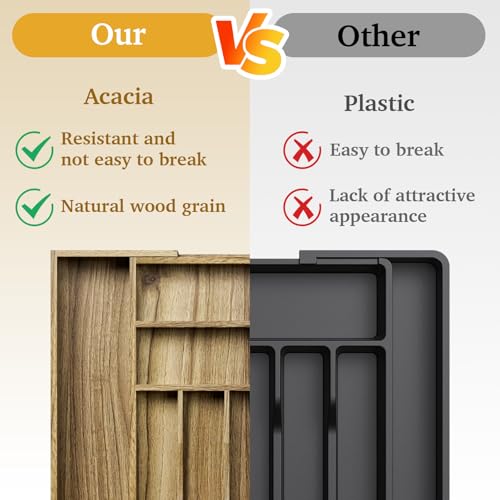 Kiasthome Acacia Wood Kitchen Silverware Drawer Organizer, Expandable Utensil Cutlery Drawer Organizer with Dividers, Flatware Organizer Silverware Tray for Spoon, Fork, 13''-20''x16.9'' (7-9 Slots) - size: 9 Slots Expandable