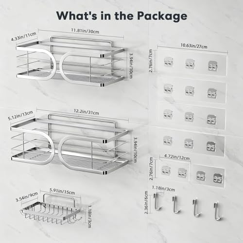 Shower Caddy 3 Pack Adhesive 304 Stainless Steel Shelves No Drill Durable Large Capacity Shower Rack Organizer Soap Holder Quick Dry Rustproof Bathroom Storage(Silver) - color: Silver, size: 3 Pack
