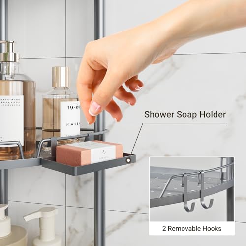 ELYKEN Corner Shower Caddy Standing, 3 Tier Rustproof Metal Shower Organizer with Soap Holder, Floor Shower Corner Shelf Rack Storage Stands with Adjustable Feet & 2 Hooks for Bathroom, Silver - color: Silver, size: 3 Tier