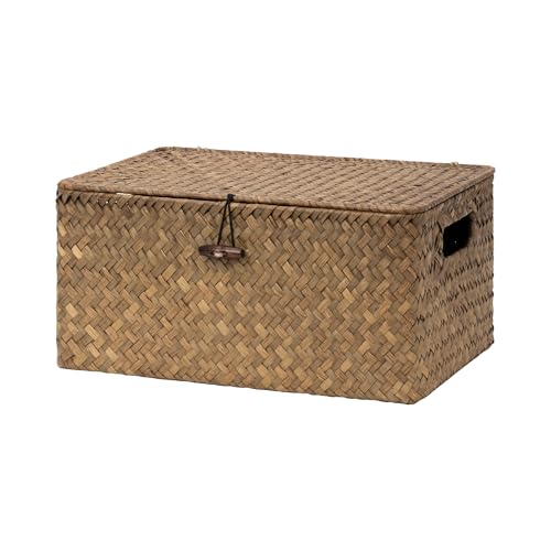 StorageWorks Wicker Baskets with Lid for Organizing, Seagrass Storage Baskets for Shelves, Decorative Box with Built-in Handles, Brown, Medium, 1 Pack - color: Brown(Seagrass), size: 13"L × 9"W × 6 ¼"H