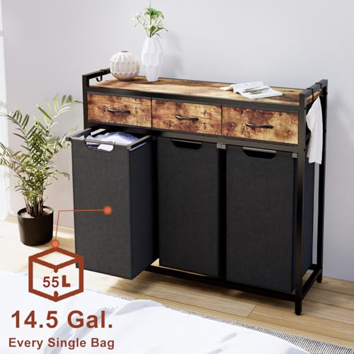 Timberer Laundry Hamper, Laundry Sorter 3 Section, Rolling Laundry Basket with Wheels, 3 Drawers, 3 × 14.5 Gal (55 L), Pull-Out and Removable Oxford Fabric Bags, Black and Rustic Brown - color: Black + Rustic Brown, size: 3 Bags (40.7"L x 12.9"W x 39.8"H)