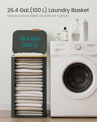 SONGMICS Laundry Hamper, Laundry Basket with Lid, Foldable Storage Basket, Bamboo Frame, for Bedroom, Living Room, Oxford Fabric, 26.4 Gal. (100 L), Slate Gray ULCB518GN01 - color: Slate Gray, size: 100 L (1-Section)